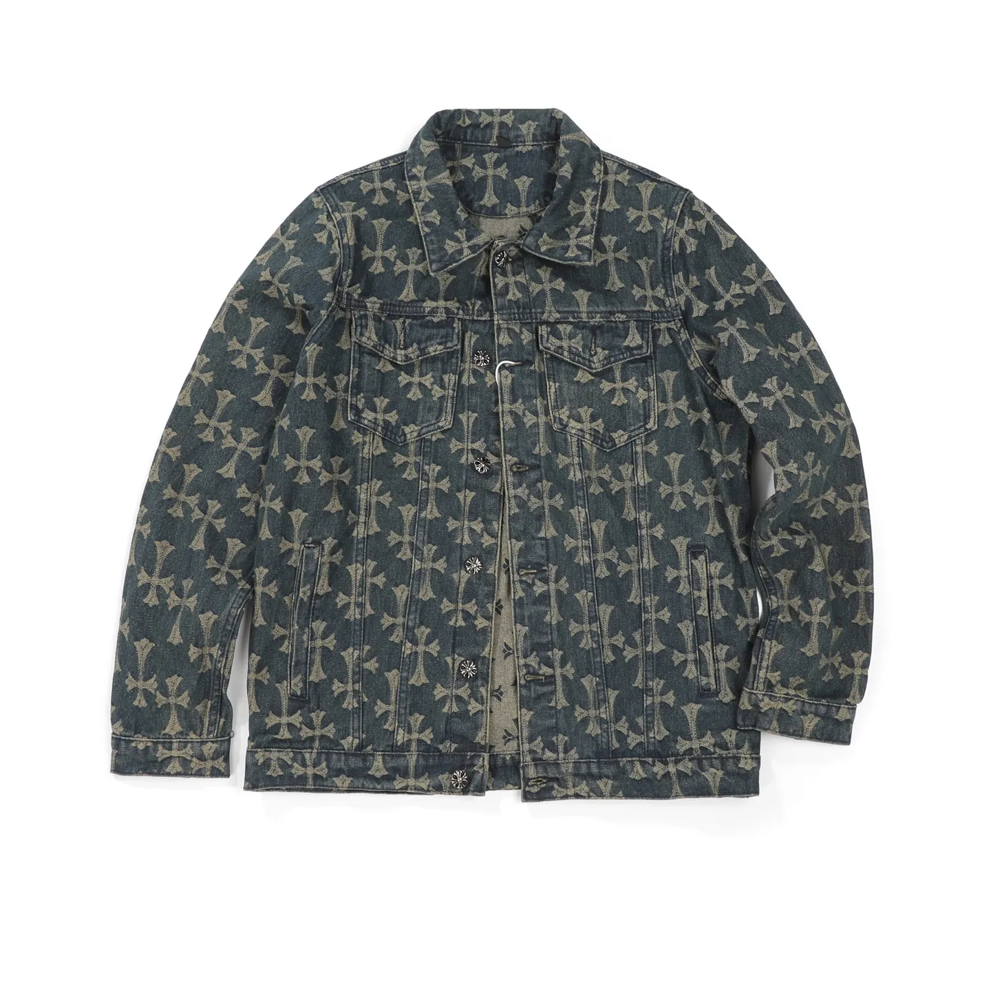 P260 Chrome Hearts heavy denim jacket with double-sided LOGO jacquard concealed print, the same model as the Internet celebrity star. The cross-printed denim jacket has a unique cross design element and full printing, which is full of design. It is made of 100% denim cotton fabric with heavy coarse yarn count, which ensures a stiff and tough silhouette while being soft, comfortable and breathable. The lapel is designed with silver buttons and is full of texture. The classic white cross logo is all over the dress, making it a perfect versatile style for spring and summer! Customized jacquard fabric, you can wear it in various styles. This gender-neutral shirt is a must-have for nightclubs. It can be worn as a jacket for both men and women. It can be easily worn by both men and women! The original loose version is made of high-quality pure cotton fabrics. The fabric pattern is high-definition and delicate without burrs. It is comfortable and breathable to wear. All the buttons are molded and customized. It is casual and fashionable and can be matched with any bottoms. It can be windproof and sunproof in spring and summer. It can be worn outside in autumn and winter! Easily concave shape makes you look slimmer and taller, perfect for both men and women!  Size: S–XL Color: blue
